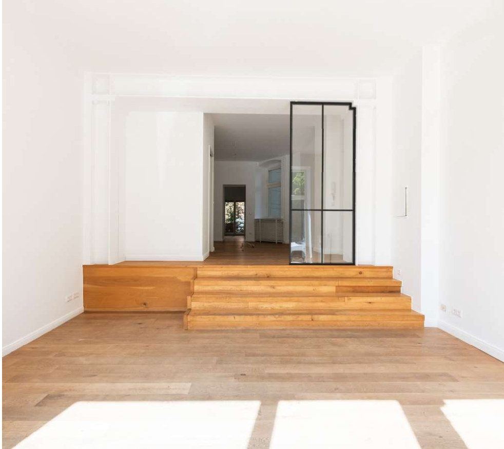 Left-hand shop room with steel-and-glass partition